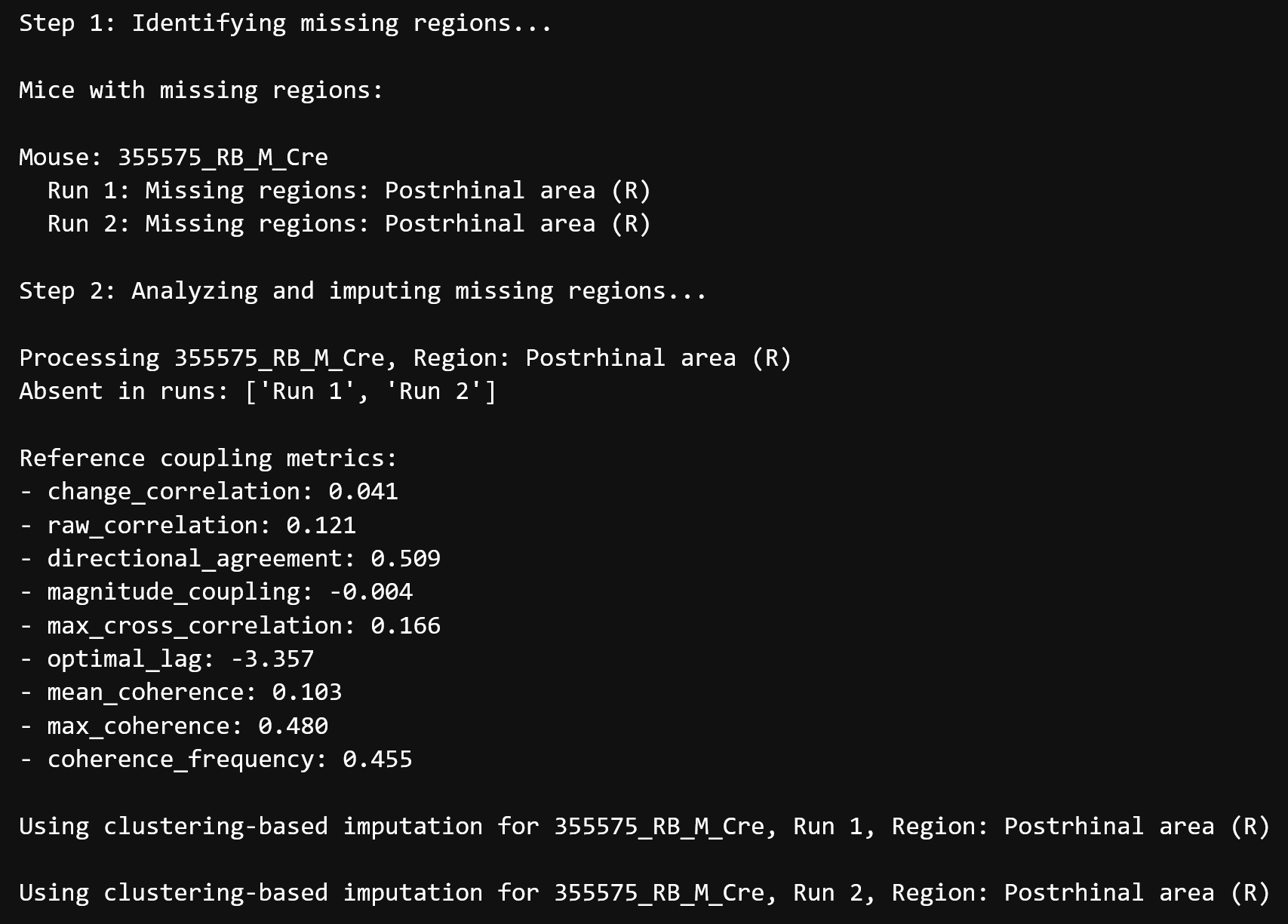 Console log showing missing region detection, reference coupling metrics, and selected imputation method for each run