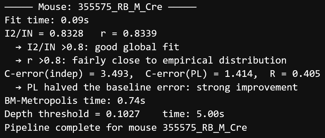 Console log of pseudo-likelihood fit, correlation to empirical distribution, baseline vs PL error, BM-Metropolis sampling time